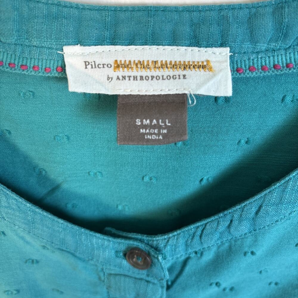 Pilcro Anthropologie Long Sleeve Button Up Blouse Sm Teal Swiss Dot Indie Boho - Picture 8 of 16